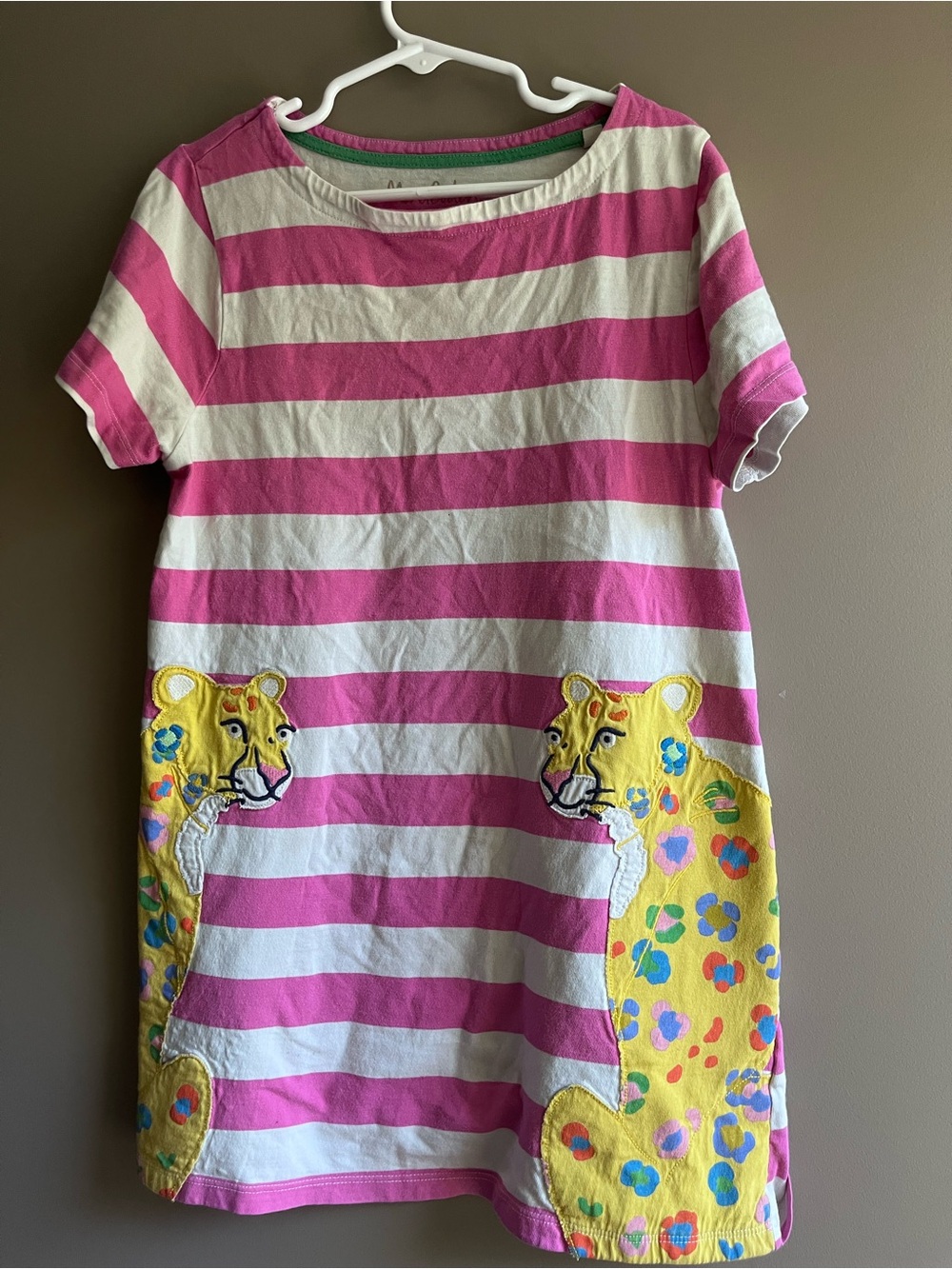 Mini Boden Pink and White Striped dress tunic shirt with leopards 9-10 medium